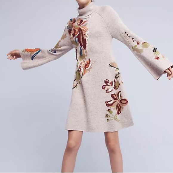 Anthropologie Knitted & Knot Embroidered Petals Turtleneck Swing Sweater Dress - Picture 2 of 15